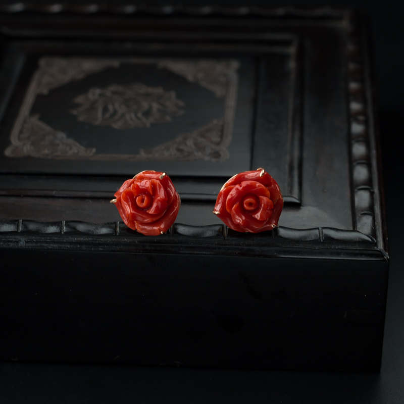 红珊瑚玫瑰花耳钉 - 红掌柜
