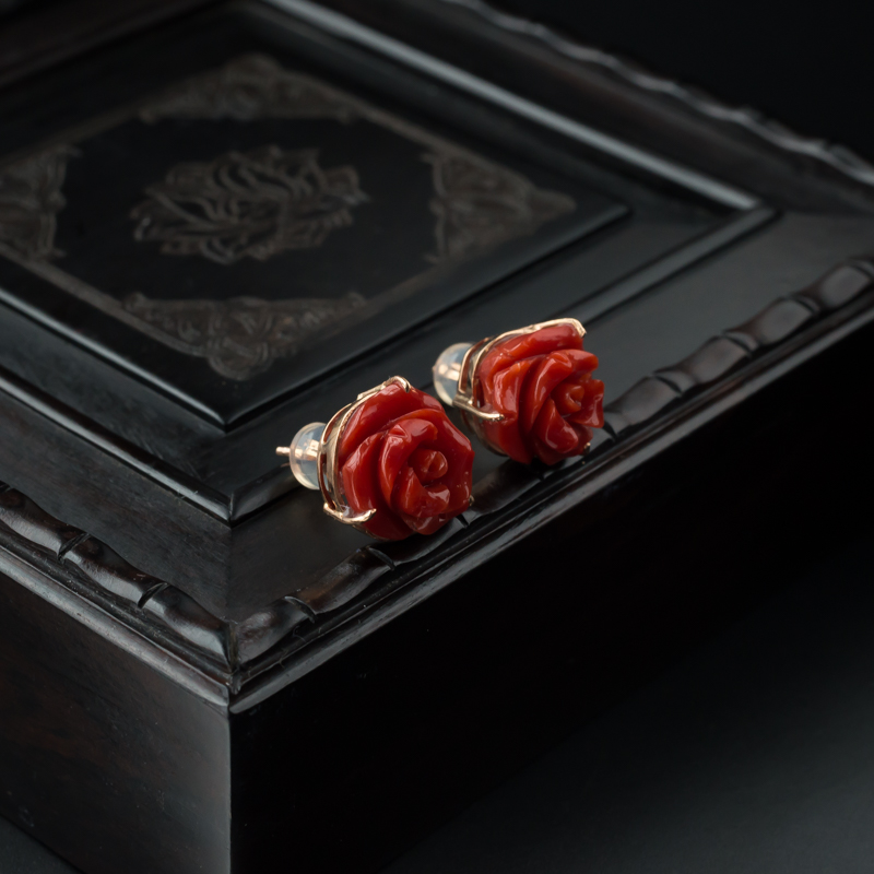 沙丁珊瑚玫瑰花耳钉 - 红掌柜