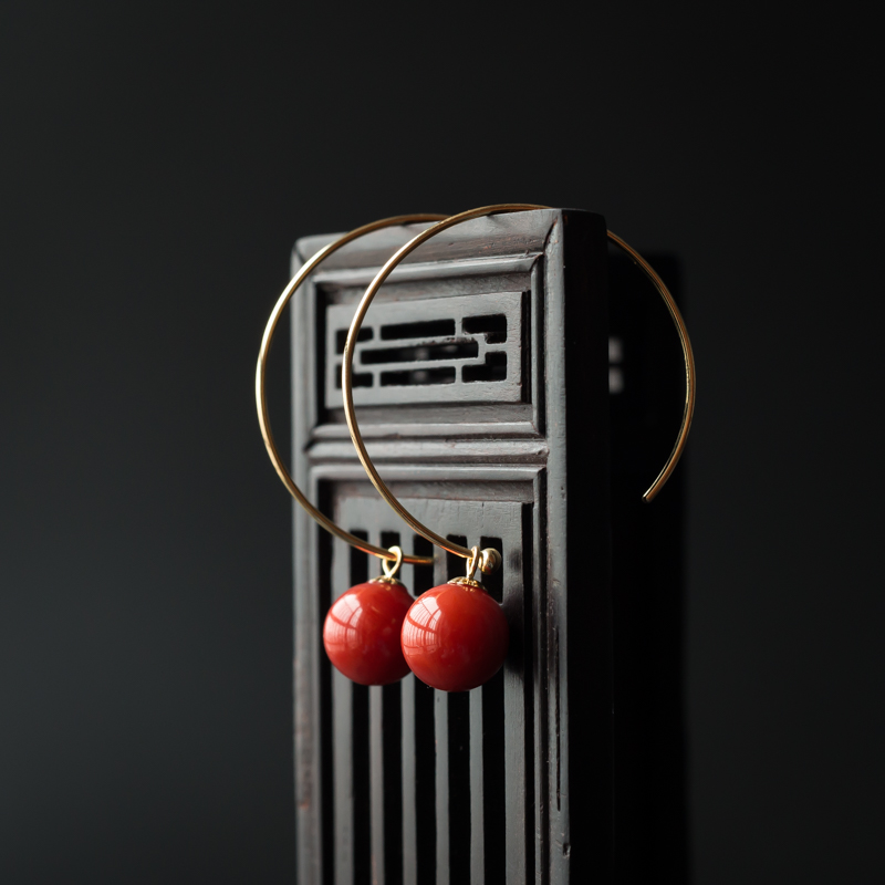 天然18K金镶沙丁珊瑚圆珠耳环 - 红掌柜