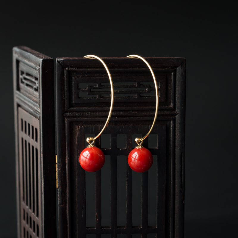 珊瑚圆珠耳环 - 红掌柜