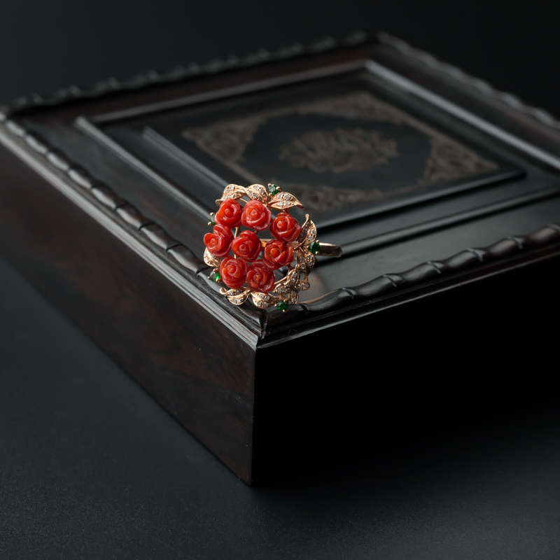 意大利天然18K金镶沙丁红珊瑚玫瑰花戒指 - 红掌柜