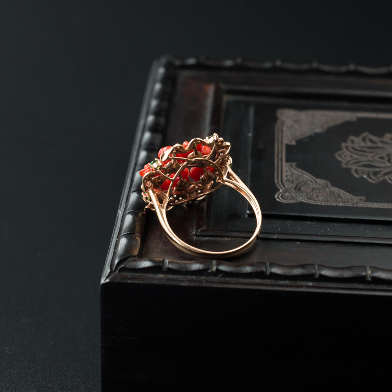 沙丁红珊瑚玫瑰花戒指 - 红掌柜