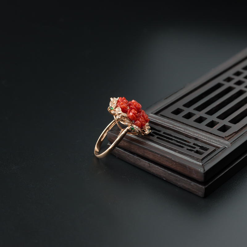 红珊瑚玫瑰花戒指 - 红掌柜