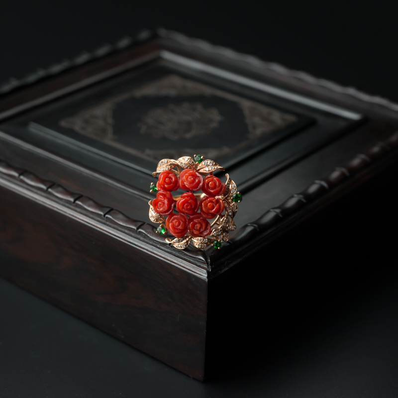 红珊瑚玫瑰花戒指 - 红掌柜