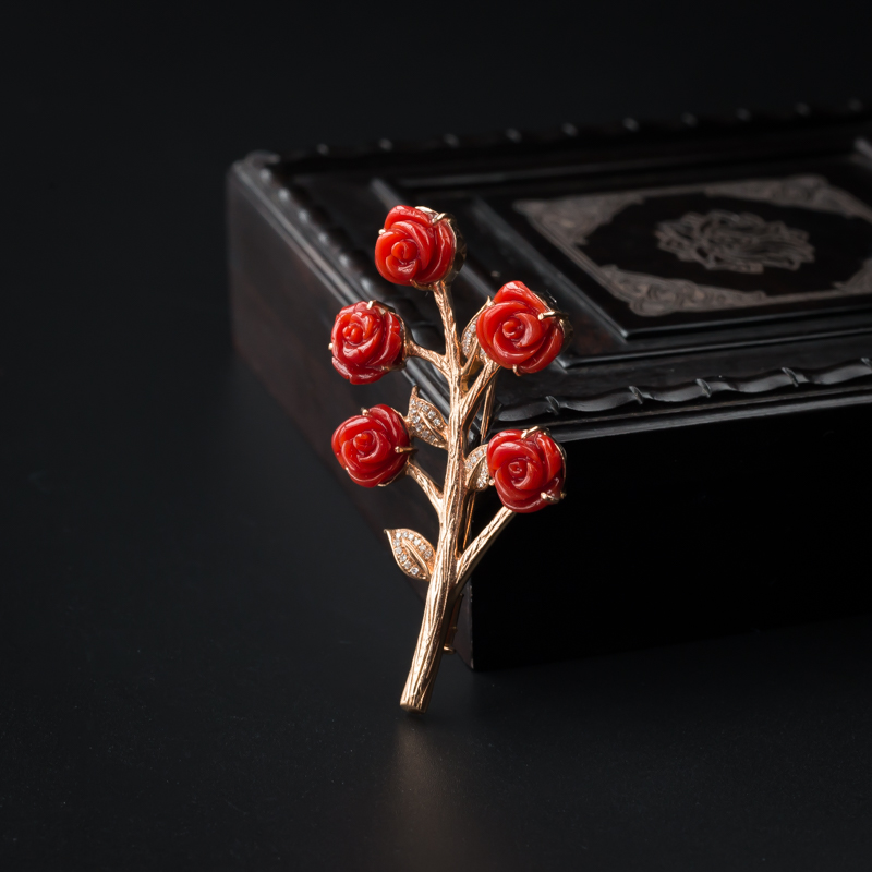 天然18K金镶沙丁珊瑚玫瑰花胸针 - 红掌柜