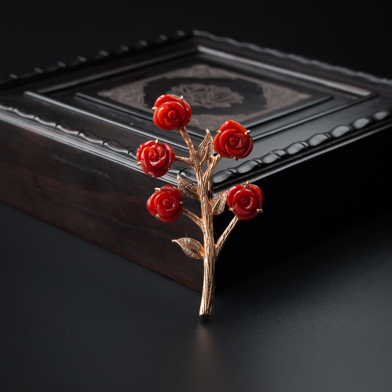 意大利天然18K金镶沙丁珊瑚玫瑰花胸针 - 红掌柜