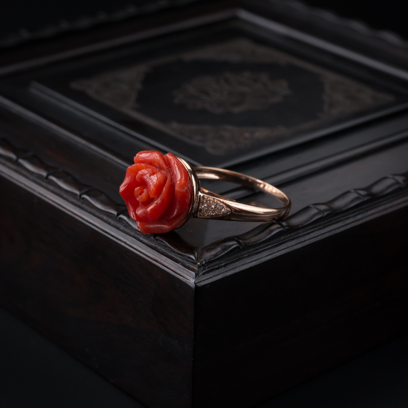 意大利天然18K金镶沙丁红珊瑚玫瑰花戒指 - 红掌柜