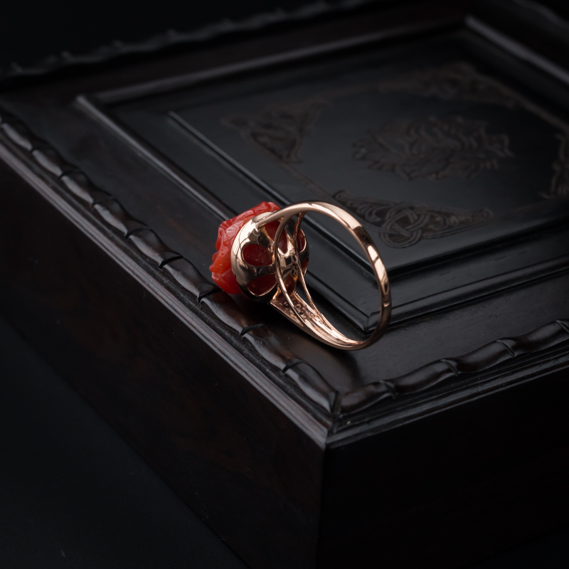 沙丁红珊瑚玫瑰花戒指 - 红掌柜