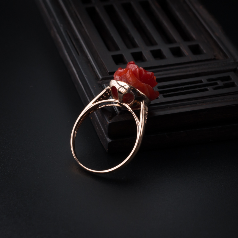 红珊瑚玫瑰花戒指 - 红掌柜