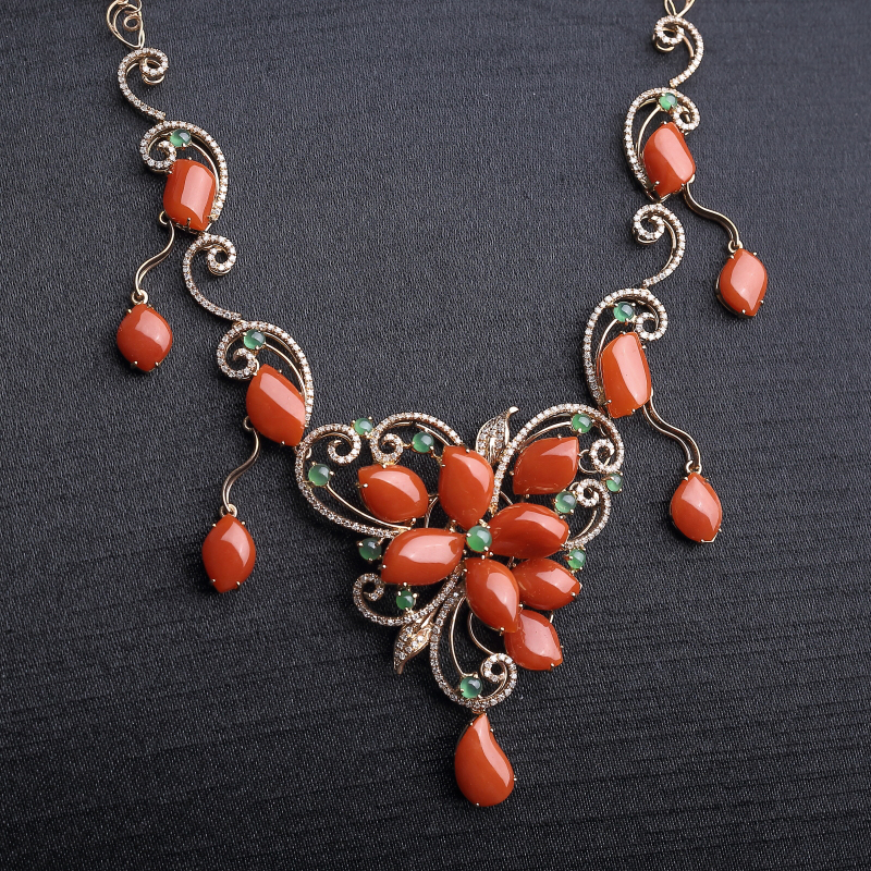 18K金镶阿卡珊瑚项链 - 红掌柜