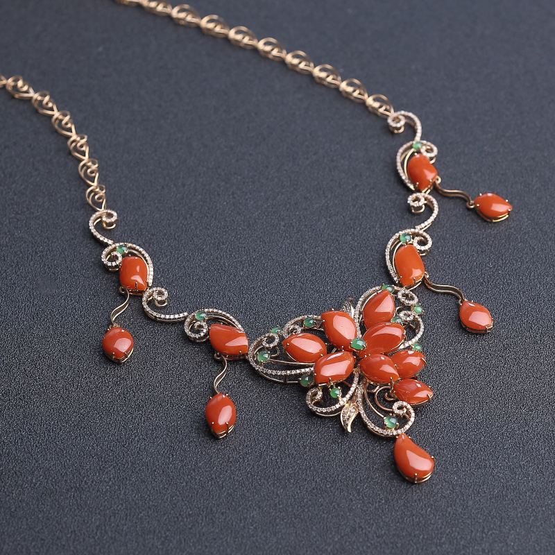 日本18K金镶阿卡珊瑚项链 - 红掌柜