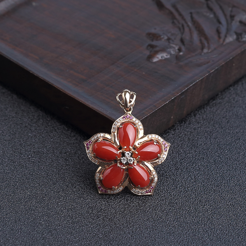 日本天然18K金镶阿卡珊瑚吊坠 - 红掌柜