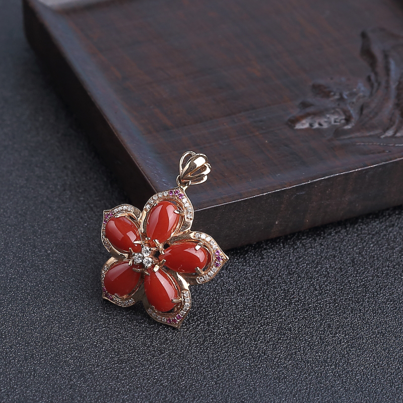 天然18K金镶阿卡珊瑚吊坠 - 红掌柜
