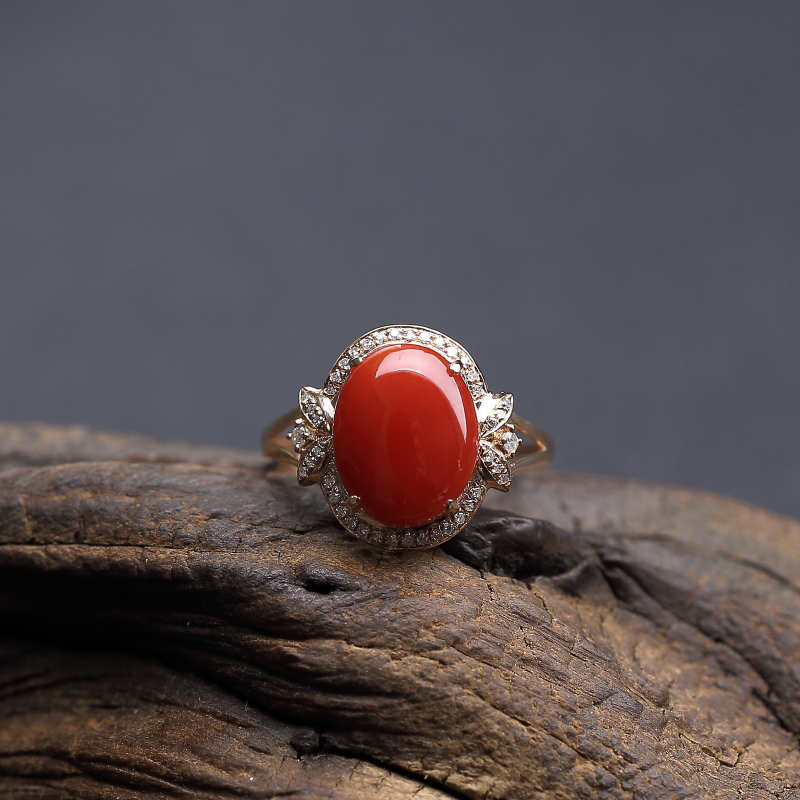 18K金镶钻日本天然阿卡正红珊瑚四件套-红掌柜