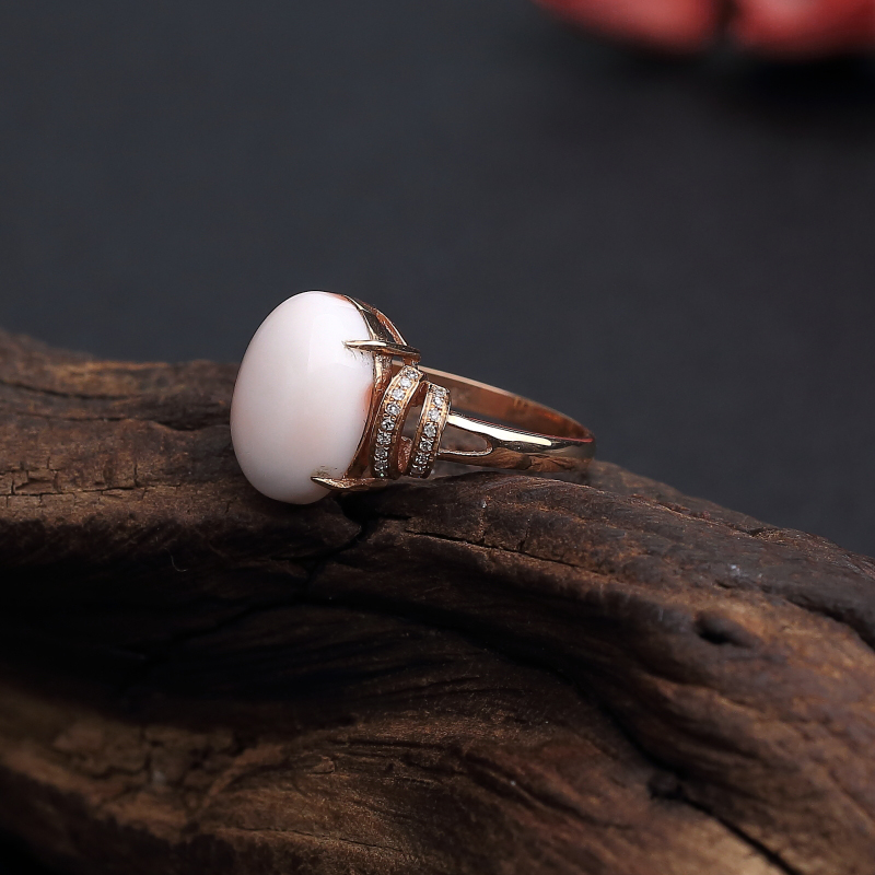 K金镶钻台湾天然misu粉红珊瑚戒指 - 红掌柜