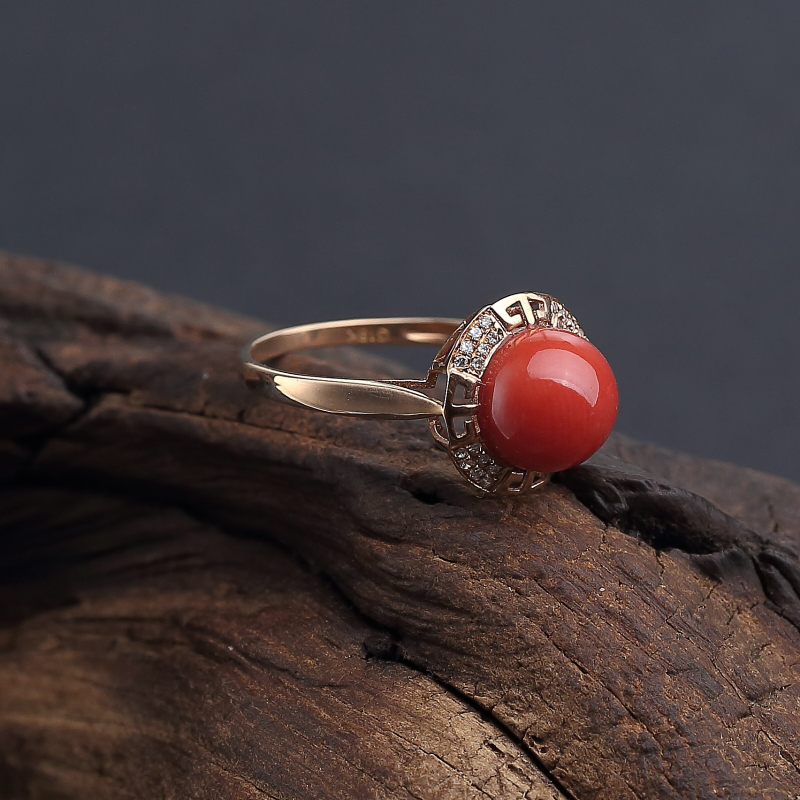 18K金意大利天然沙丁橘红珊瑚戒指 - 红掌柜