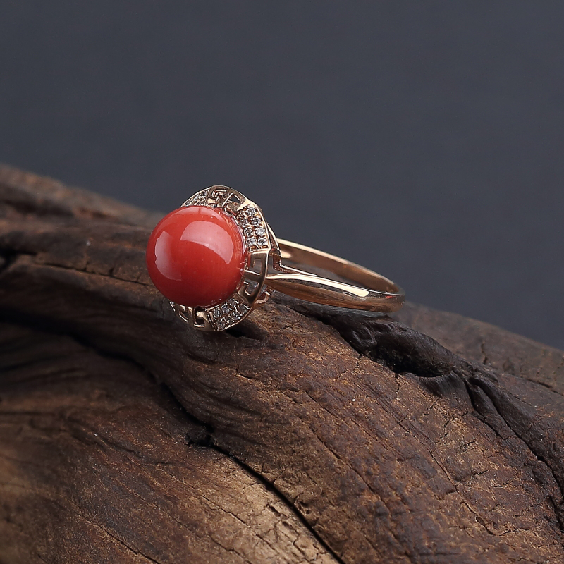 意大利天然沙丁橘红珊瑚戒指 - 红掌柜