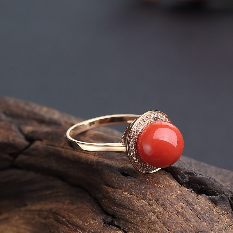 18K金意大利天然沙丁橘红珊瑚戒指 - 红掌柜