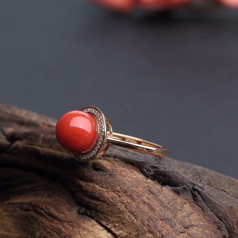 意大利天然沙丁橘红珊瑚戒指 - 红掌柜