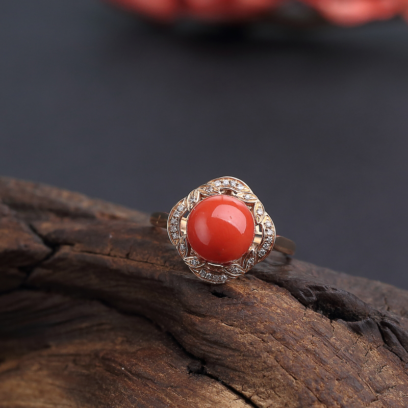 18K金镶钻意大利天然沙丁橘红珊瑚戒指 - 红掌柜