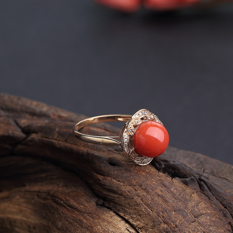 18K金意大利天然沙丁橘红珊瑚戒指 - 红掌柜