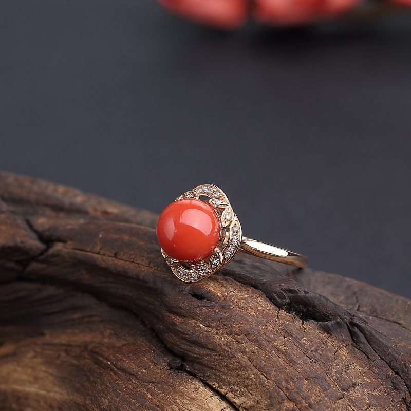 意大利天然沙丁橘红珊瑚戒指 - 红掌柜