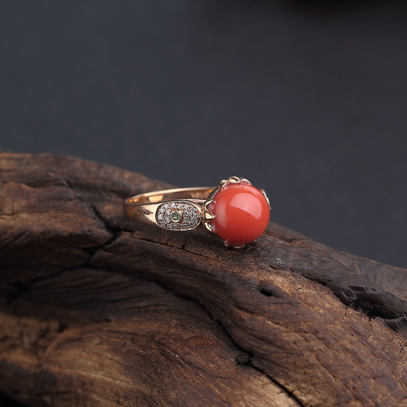 18K金意大利天然沙丁橘红珊瑚戒指 - 红掌柜
