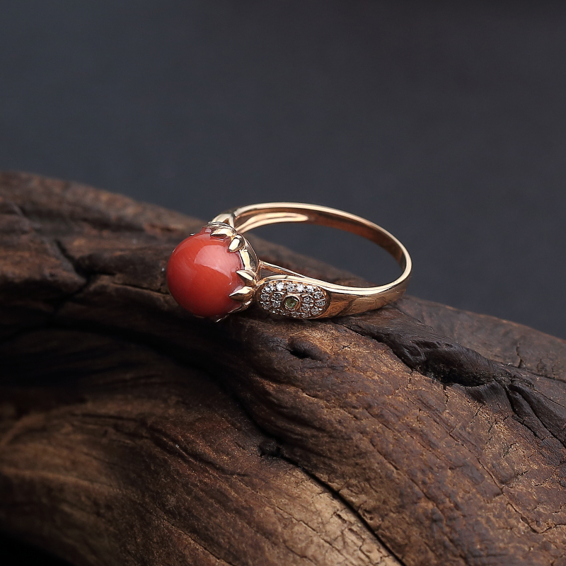 意大利天然沙丁橘红珊瑚戒指 - 红掌柜