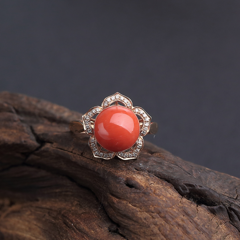 18K金镶钻意大利天然沙丁橘红珊瑚戒指 - 红掌柜