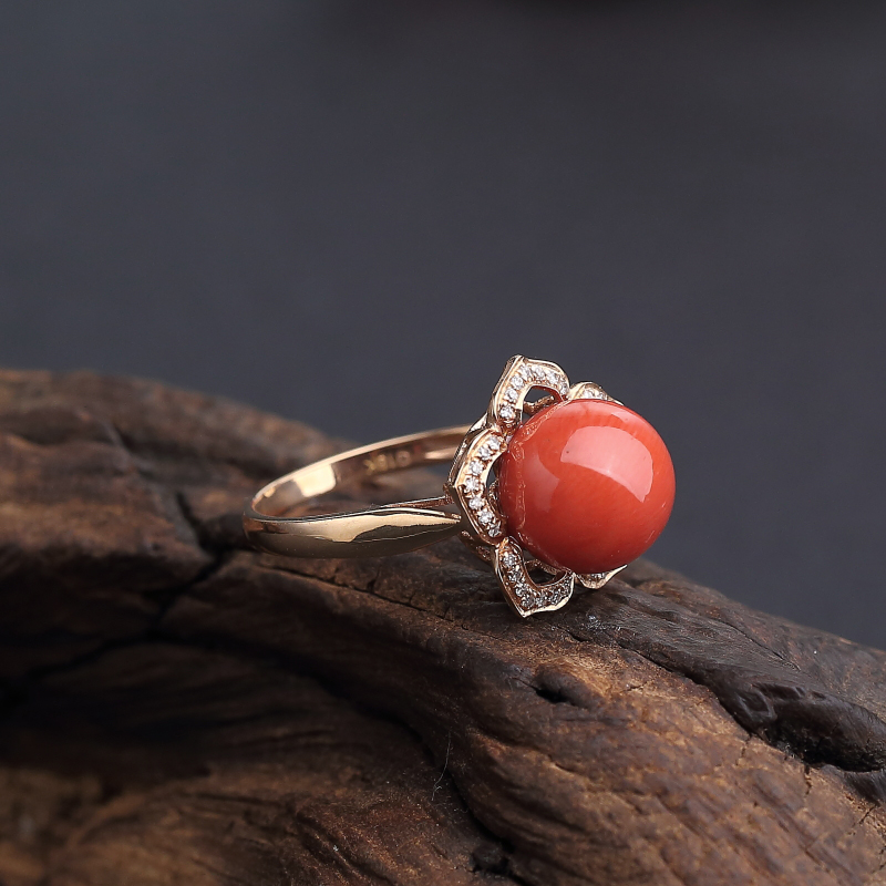 18K金意大利天然沙丁橘红珊瑚戒指 - 红掌柜