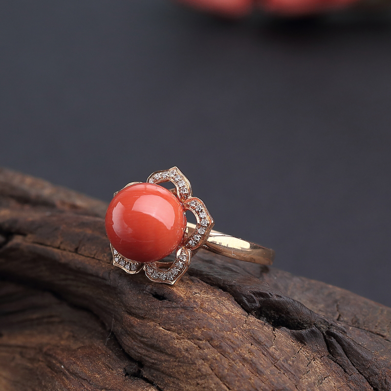 意大利天然沙丁橘红珊瑚戒指 - 红掌柜