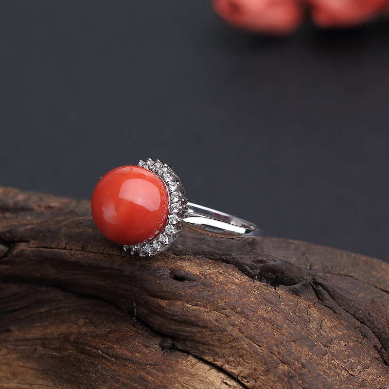 意大利天然沙丁橘红珊瑚戒指 - 红掌柜
