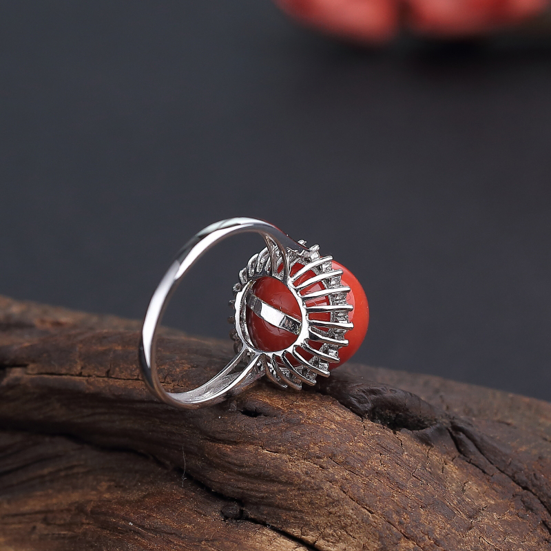 天然沙丁橘红珊瑚戒指 - 红掌柜