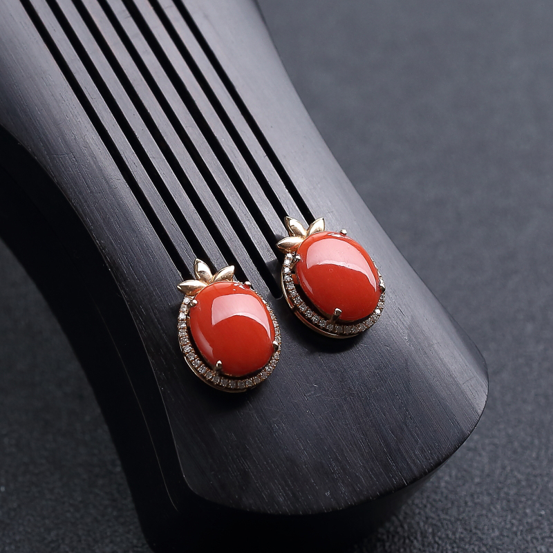 天然沙丁朱红珊瑚耳钉-红掌柜