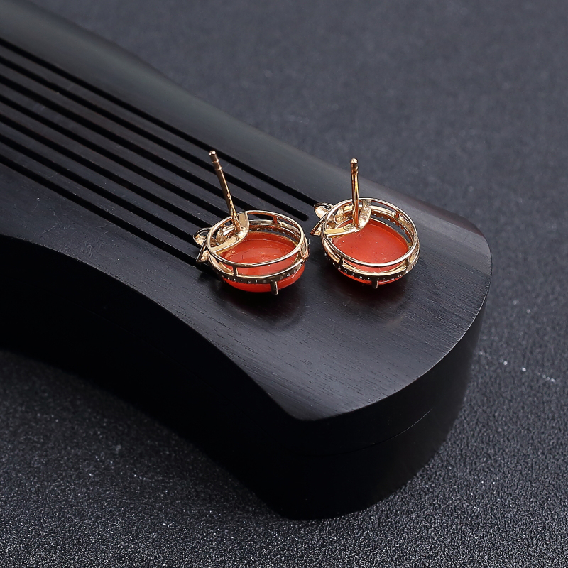 18K金镶钻天然朱红珊瑚耳钉-红掌柜