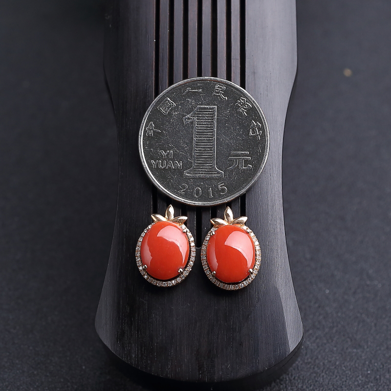 18K金镶钻朱红珊瑚耳钉-红掌柜