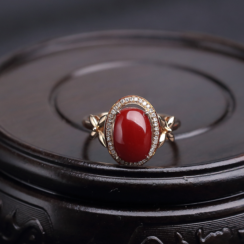 天然日本18K金镶钻阿卡深红珊瑚戒指-红掌柜
