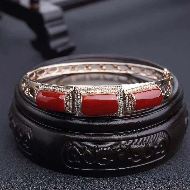 天然58#18K金镶钻阿卡正红珊瑚手镯-红掌柜