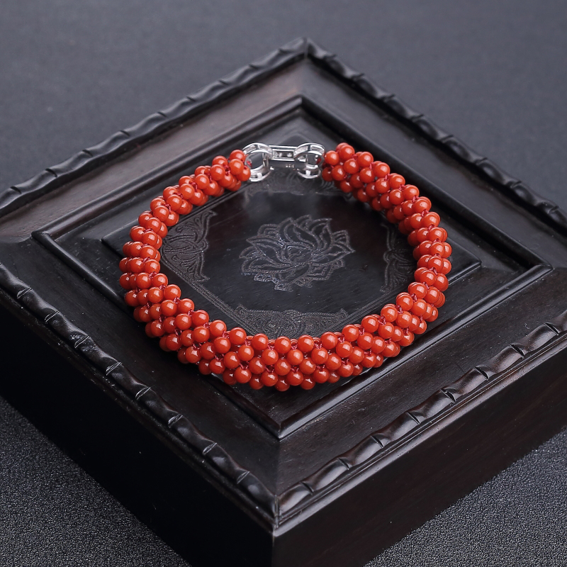 意大利沙丁朱红珊瑚圆珠编织两件套-红掌柜