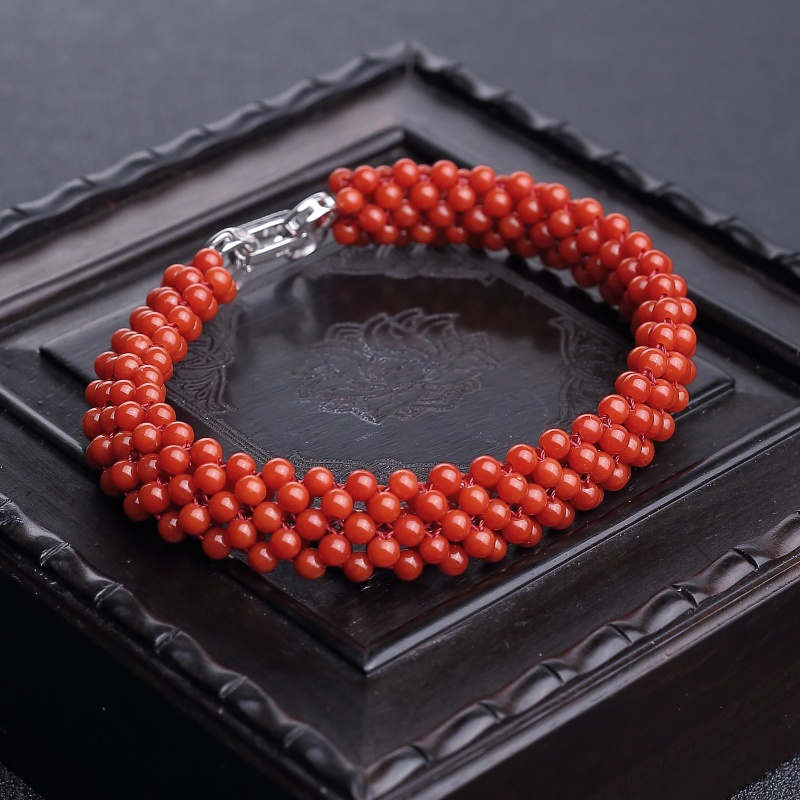 意大利天然朱红珊瑚圆珠编织两件套-红掌柜