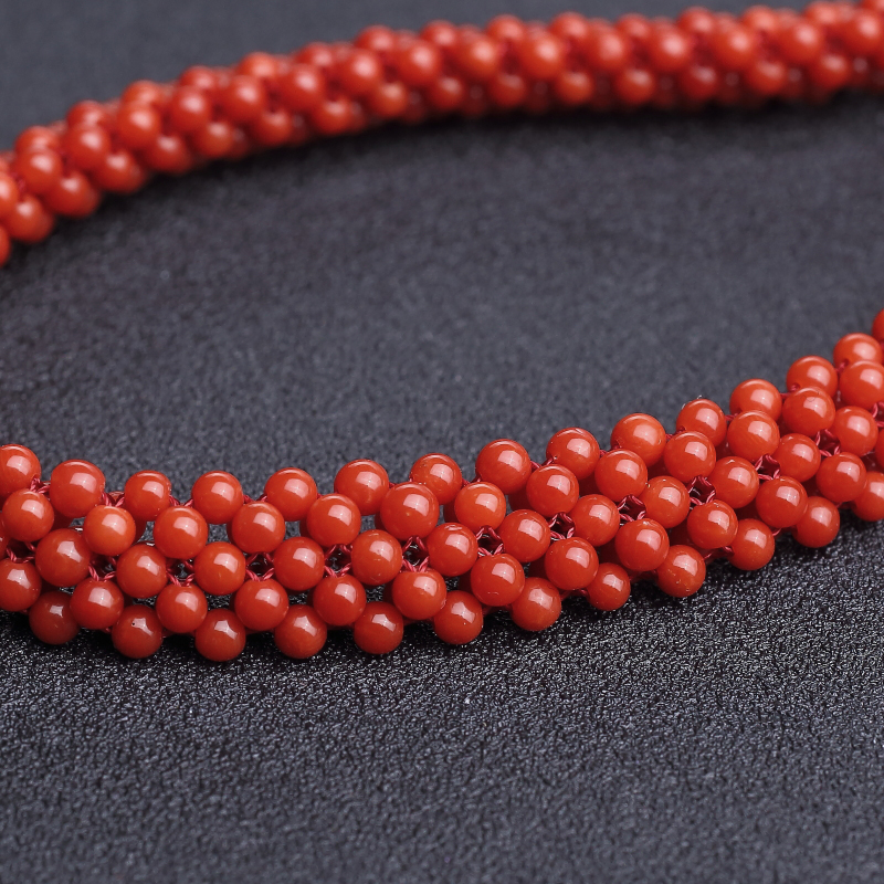 意大利天然沙丁珊瑚圆珠编织两件套-红掌柜