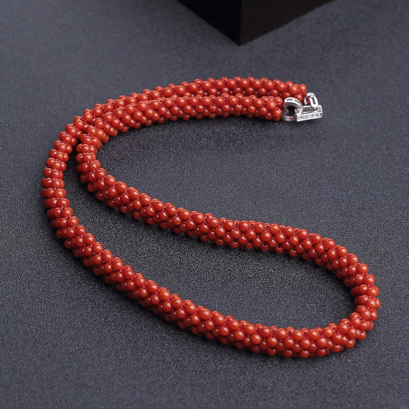 意大利天然沙丁朱红珊瑚圆珠编织两件套-红掌柜