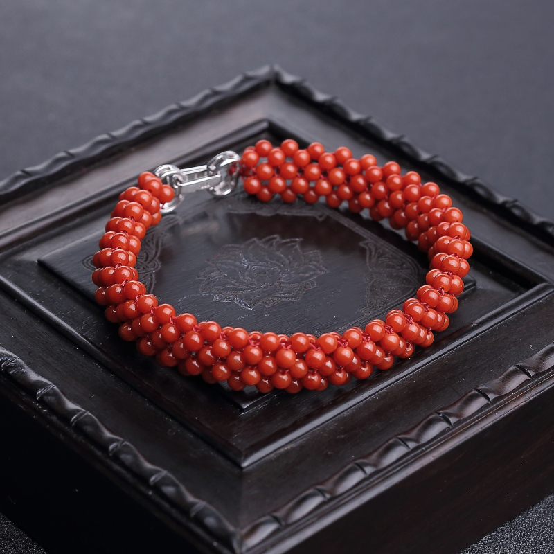 意大利天然朱红珊瑚圆珠编织两件套-红掌柜