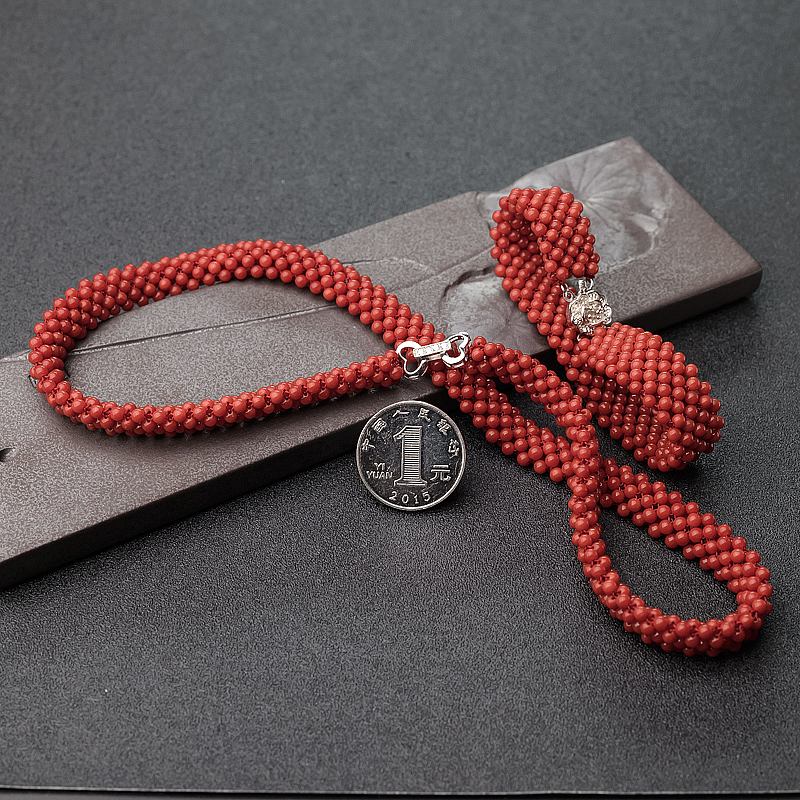 沙丁朱红珊瑚圆珠编织手链-红掌柜