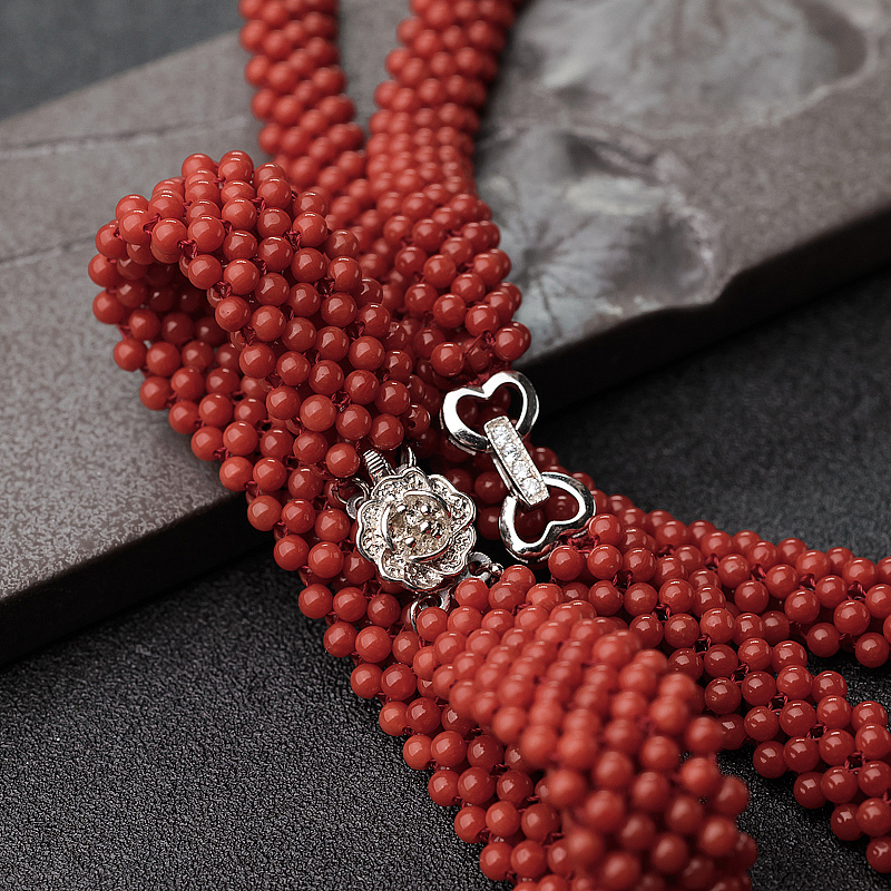沙丁朱红珊瑚圆珠编织项链-红掌柜