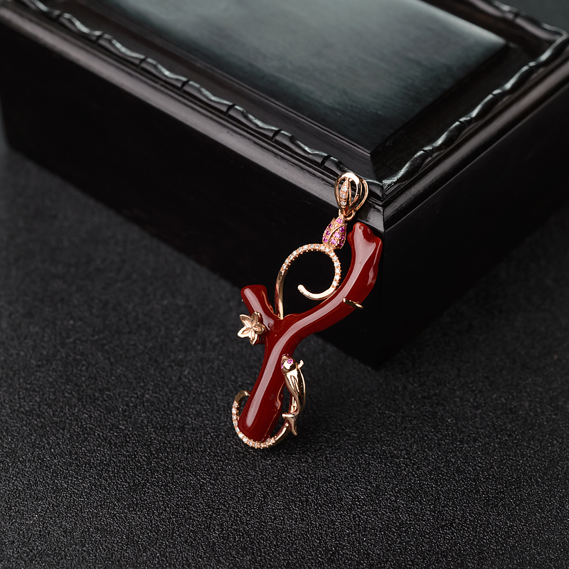 天然阿卡黑红珊瑚吊坠-红掌柜