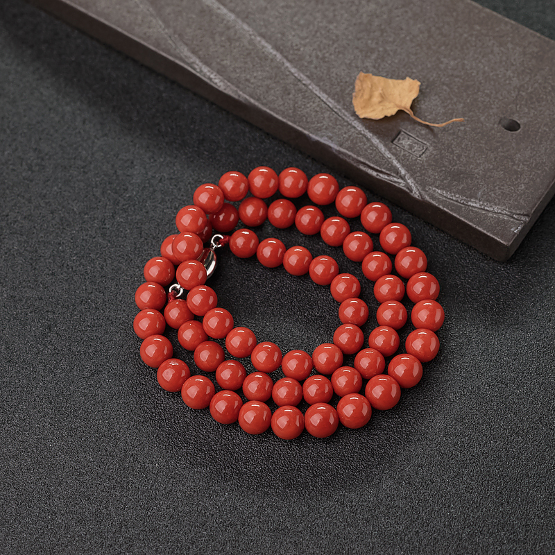 天然7.5mm沙丁朱红珊瑚项链-红掌柜