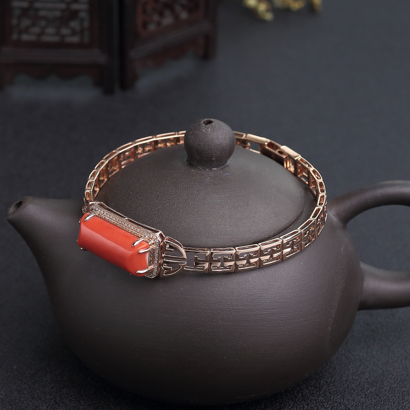 18K金镶钻天然MOMO橘红珊瑚手镯-红掌柜