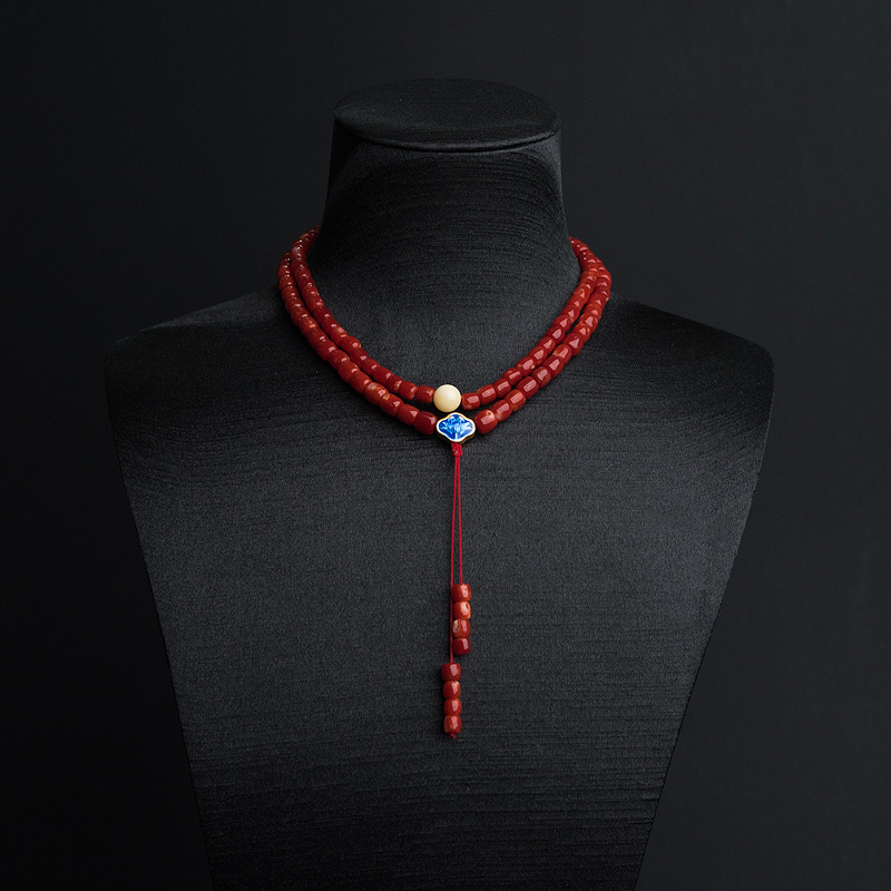 日本天然阿卡深红珊瑚桶珠项链-红掌柜