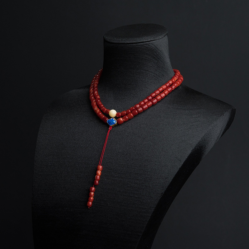 天然阿卡深红珊瑚桶珠项链-红掌柜